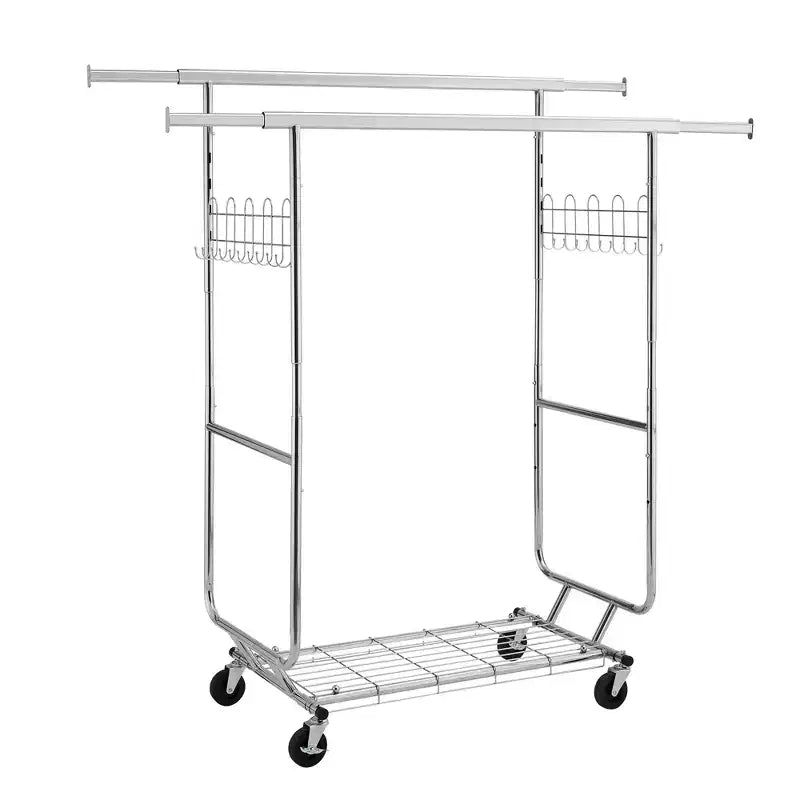 VIYET 68 800LBS Double Garment Rack with Shelves, Heavy-Duty Iron Rolling Clothes Rack (Collapsible Commercial Portable Hanger)