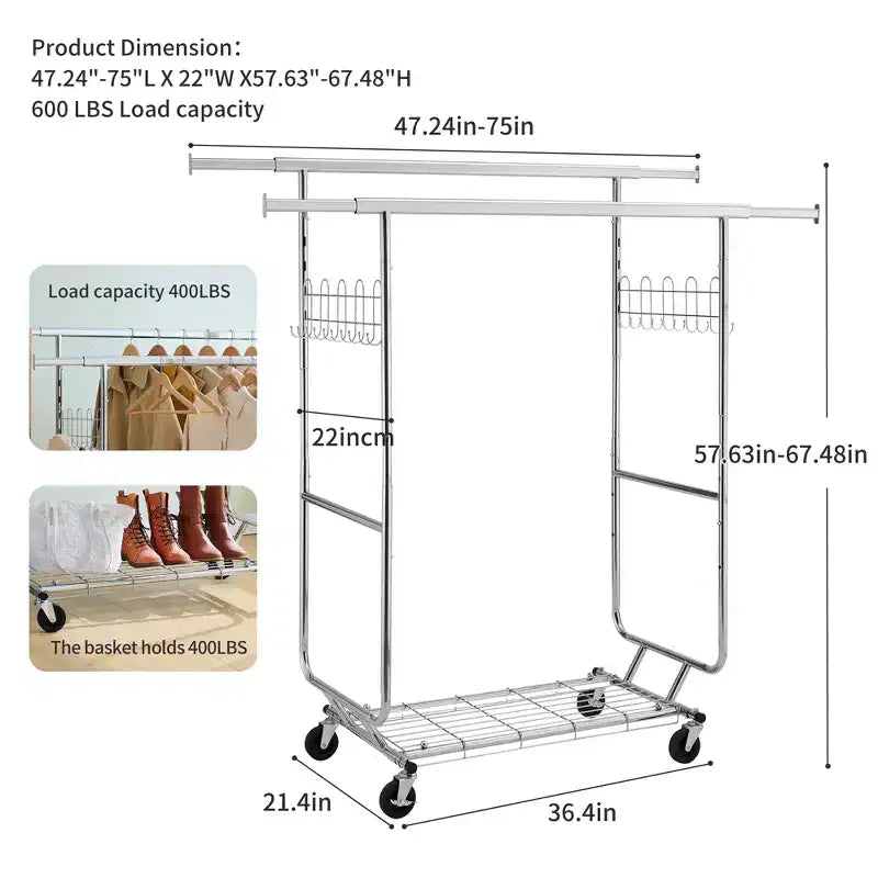 68" 800LBS Double Garment Rack with Shelves, Heavy-Duty Iron Rolling Clothes Rack (Collapsible, Commercial, Portable)