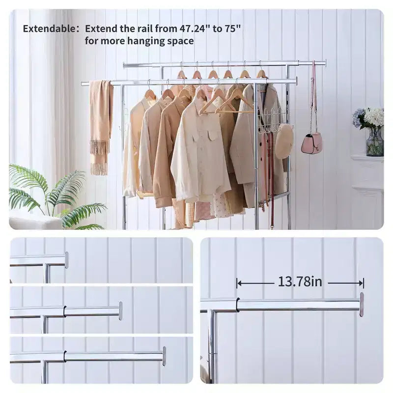 68" 800LBS Double Garment Rack with Shelves, Heavy-Duty Iron Rolling Clothes Rack (Collapsible, Commercial, Portable)