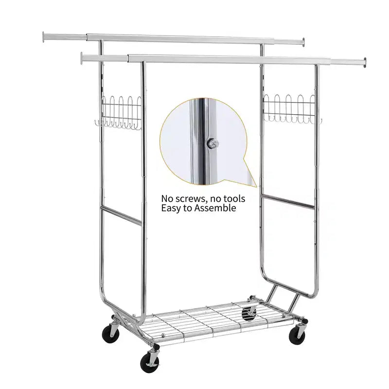 68" 800LBS Double Garment Rack with Shelves, Heavy-Duty Iron Rolling Clothes Rack (Collapsible, Commercial, Portable)
