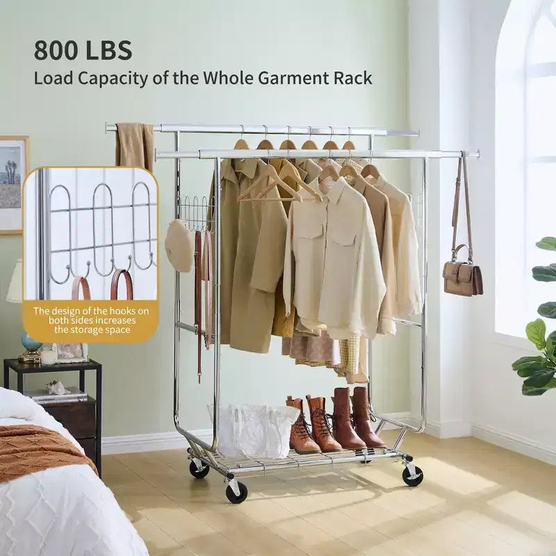 68" 800LBS Double Garment Rack with Shelves, Heavy-Duty Iron Rolling Clothes Rack (Collapsible, Commercial, Portable)