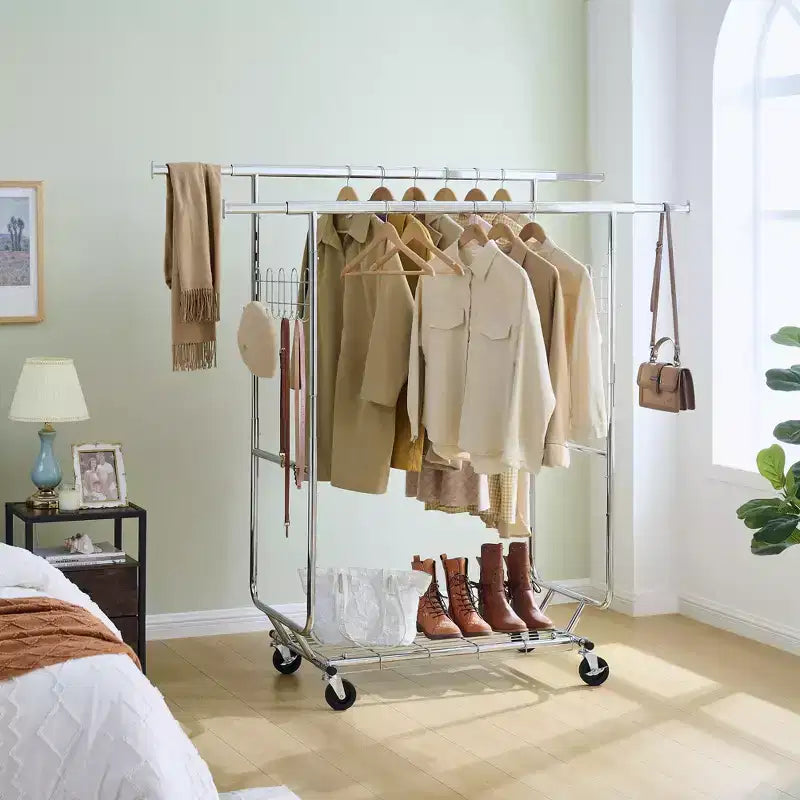 68" 800LBS Double Garment Rack with Shelves, Heavy-Duty Iron Rolling Clothes Rack (Collapsible, Commercial, Portable)