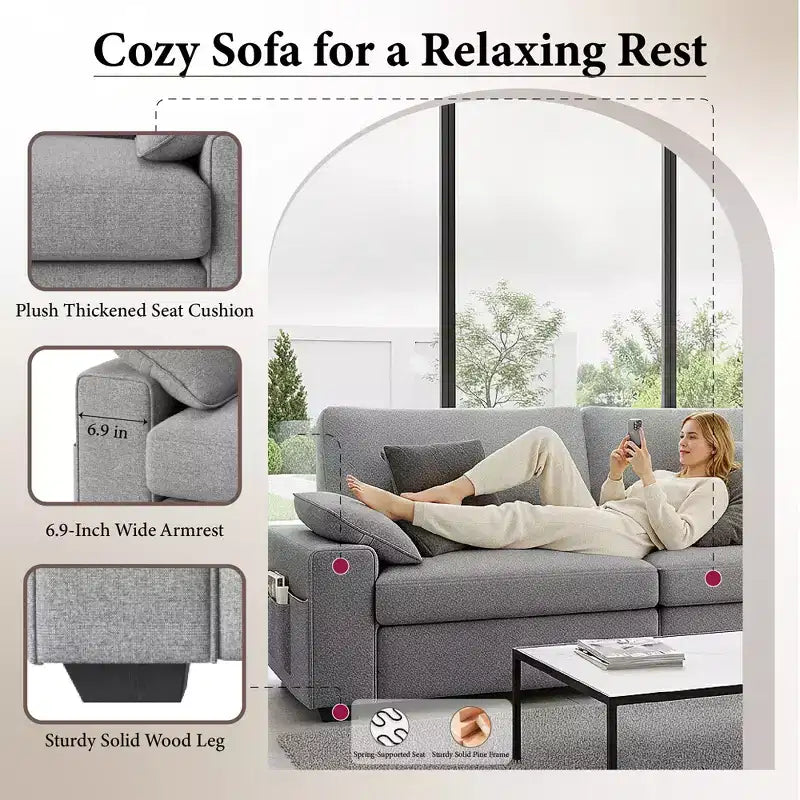 Modern Linen Blend Fabric Sofa with USB & Type-C Charging Ports