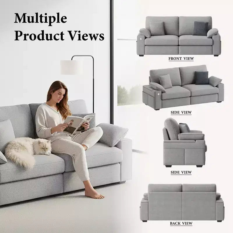 Modern Linen Blend Fabric Sofa with USB & Type-C Charging Ports