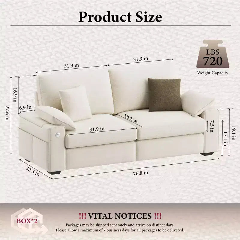 Modern Linen Blend Fabric Sofa with USB & Type-C Charging Ports