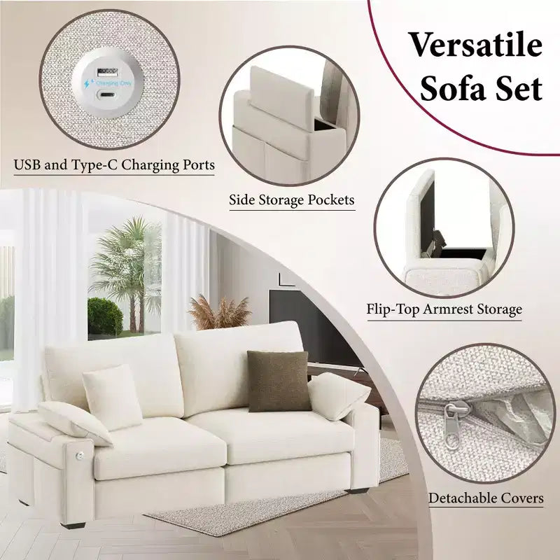 Modern Linen Blend Fabric Sofa with USB & Type-C Charging Ports