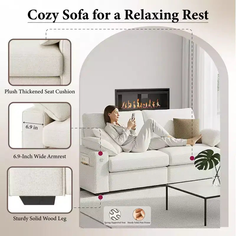 Modern Linen Blend Fabric Sofa with USB & Type-C Charging Ports