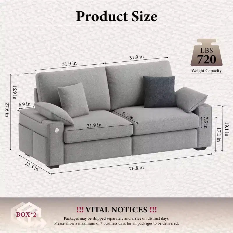 Modern Linen Blend Fabric Sofa with USB & Type-C Charging Ports