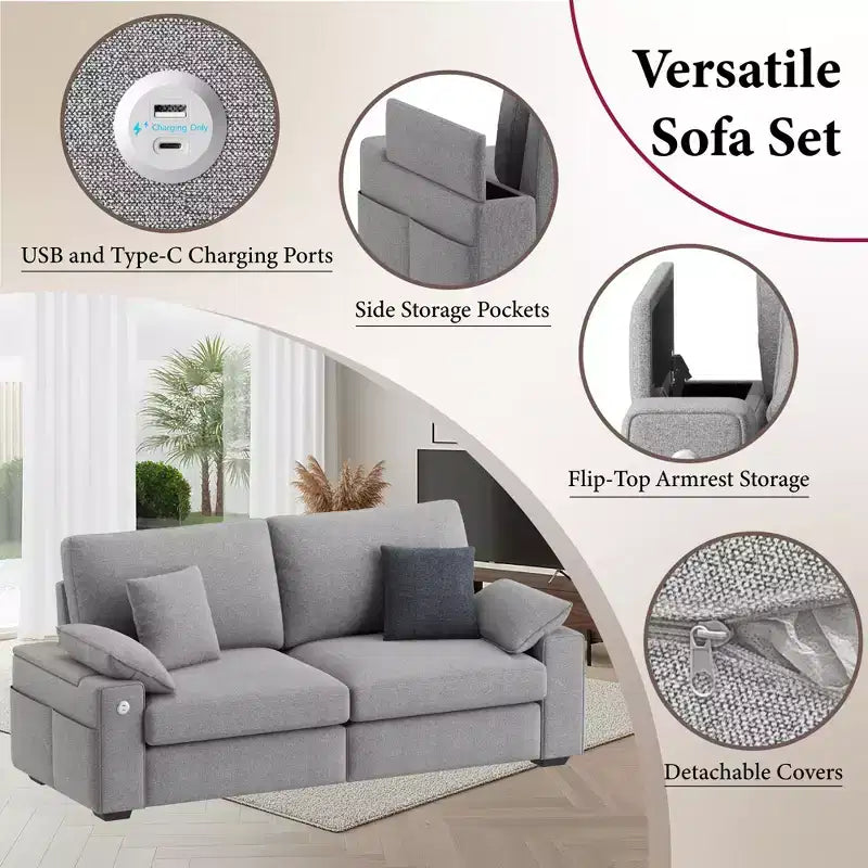 Modern Linen Blend Fabric Sofa with USB & Type-C Charging Ports