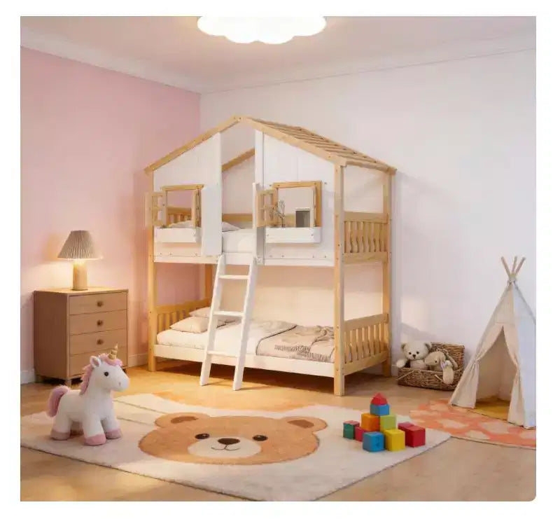 Twin over Twin House Bunk Bed for Kids with Roof, Safety Guardrails & Ladder