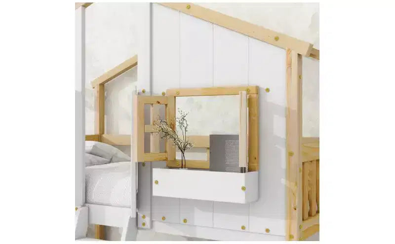 Twin over Twin House Bunk Bed for Kids with Roof, Safety Guardrails & Ladder