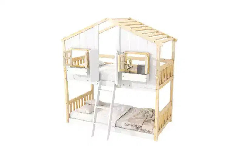 Twin over Twin House Bunk Bed for Kids with Roof, Safety Guardrails & Ladder