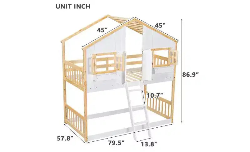 Twin over Twin House Bunk Bed for Kids with Roof, Safety Guardrails & Ladder