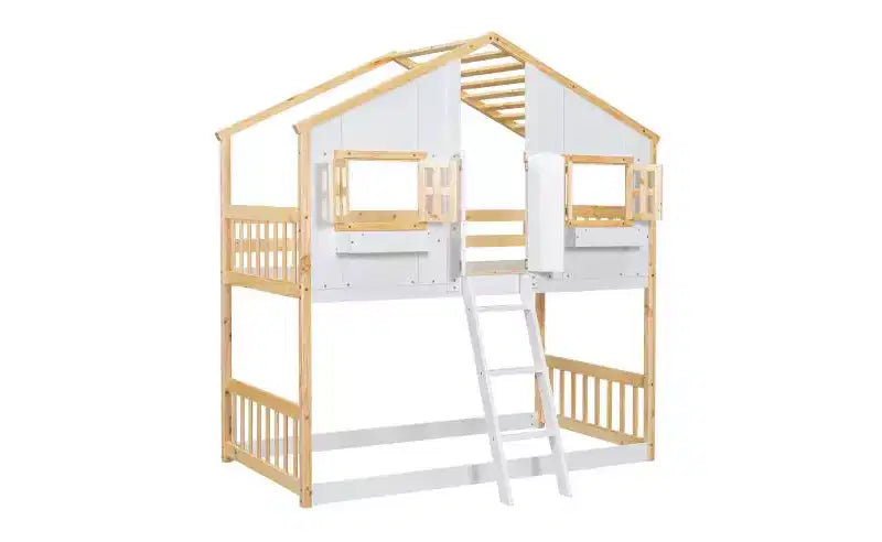 Twin over Twin House Bunk Bed for Kids with Roof, Safety Guardrails & Ladder
