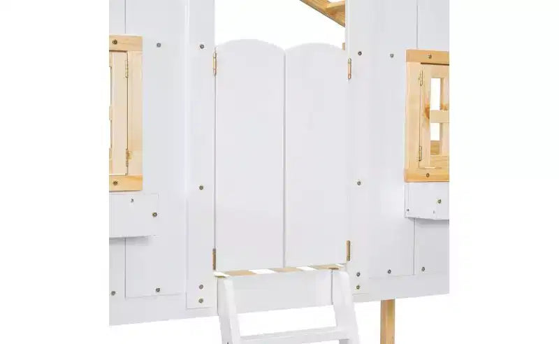 Twin over Twin House Bunk Bed for Kids with Roof, Safety Guardrails & Ladder