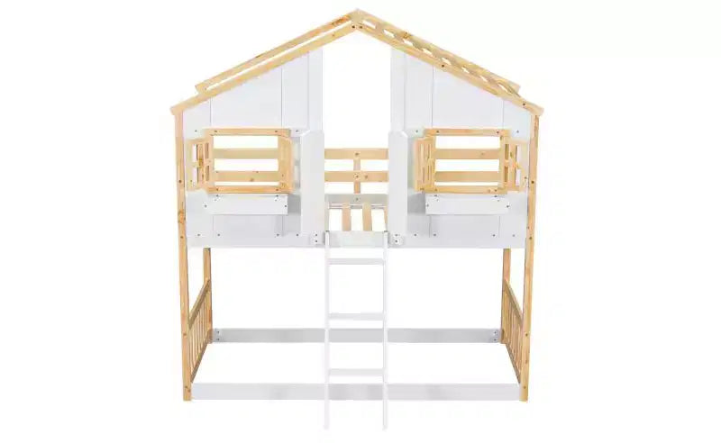 Twin over Twin House Bunk Bed for Kids with Roof, Safety Guardrails & Ladder