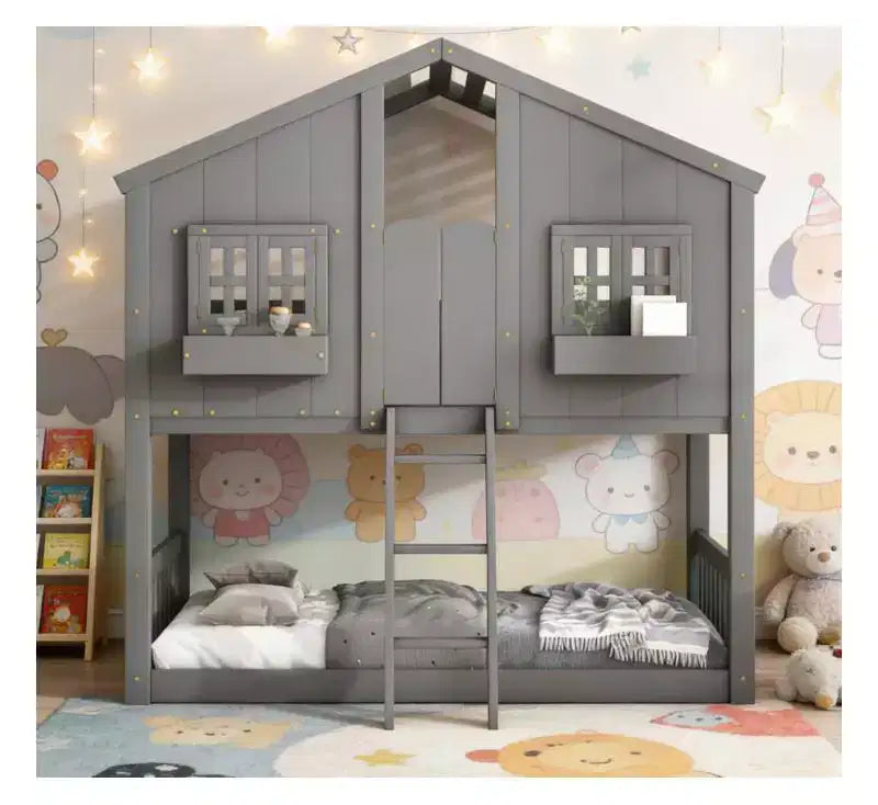 Twin over Twin House Bunk Bed for Kids with Roof, Safety Guardrails & Ladder