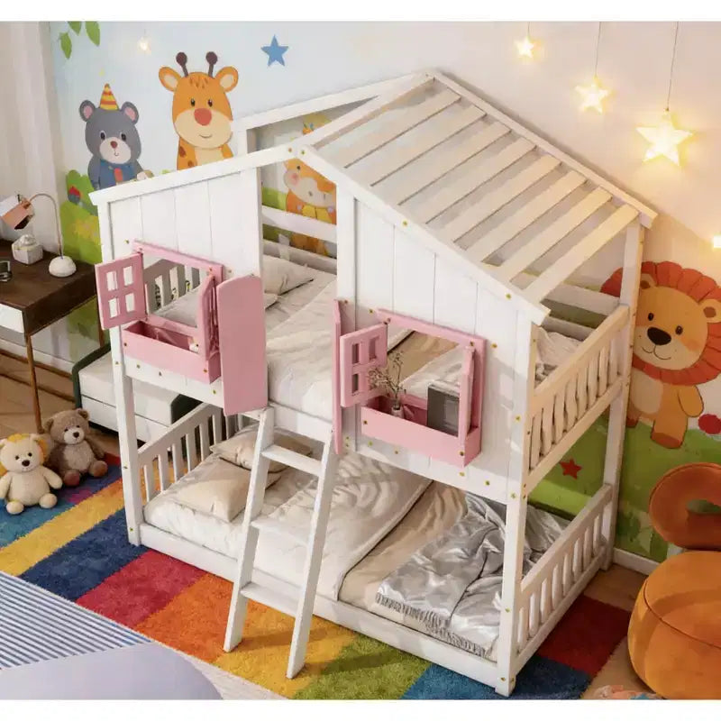 Twin over Twin House Bunk Bed for Kids with Roof, Safety Guardrails & Ladder