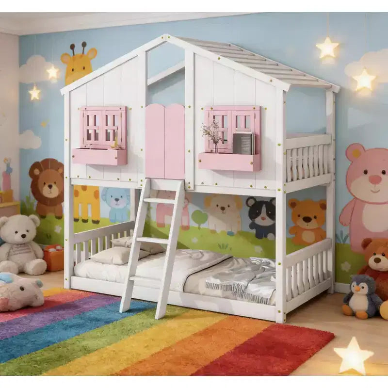Twin over Twin House Bunk Bed for Kids with Roof, Safety Guardrails & Ladder