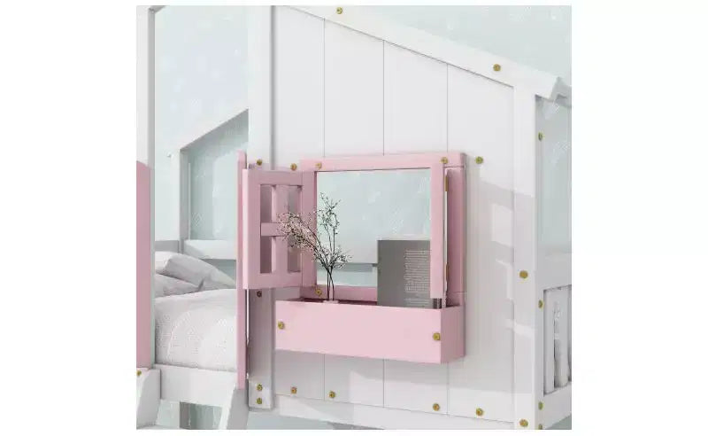 Twin over Twin House Bunk Bed for Kids with Roof, Safety Guardrails & Ladder