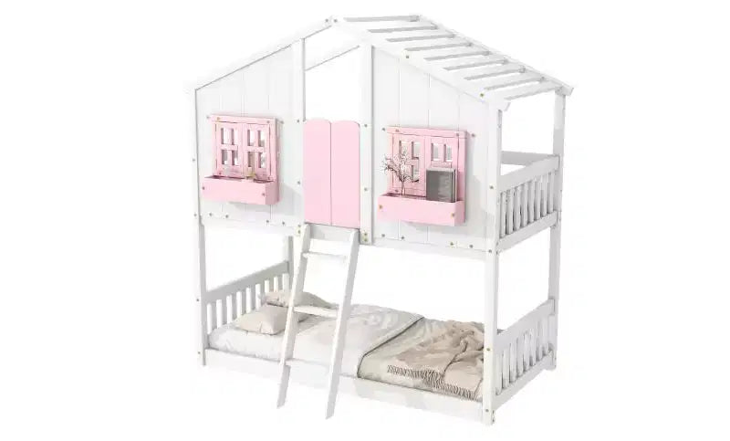 Twin over Twin House Bunk Bed for Kids with Roof, Safety Guardrails & Ladder