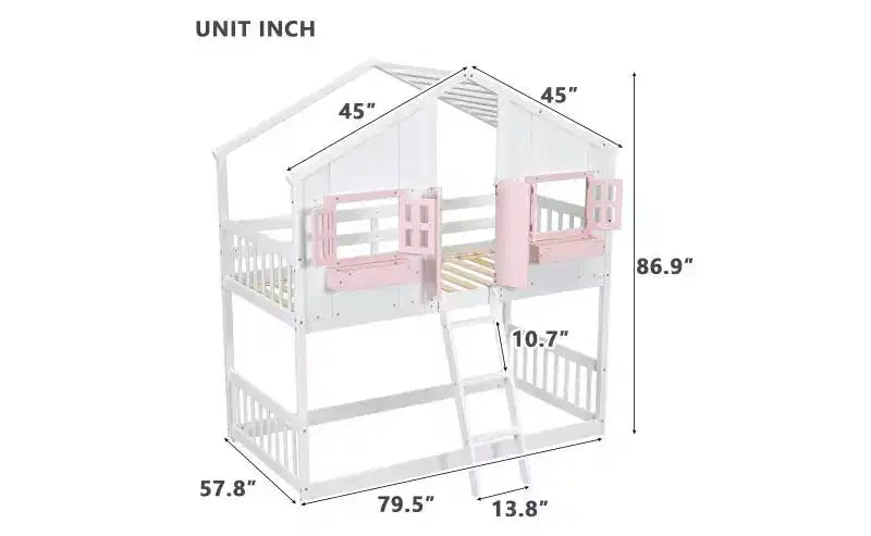 Twin over Twin House Bunk Bed for Kids with Roof, Safety Guardrails & Ladder