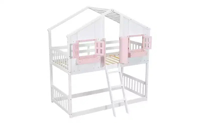 Twin over Twin House Bunk Bed for Kids with Roof, Safety Guardrails & Ladder