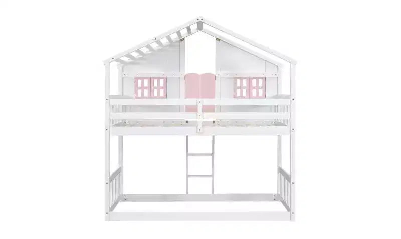 Twin over Twin House Bunk Bed for Kids with Roof, Safety Guardrails & Ladder