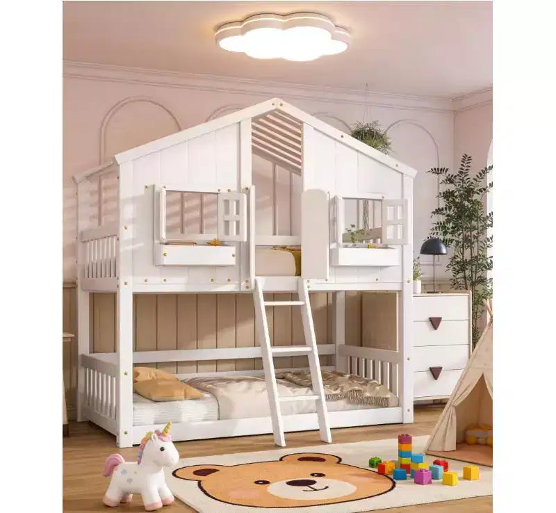Twin over Twin House Bunk Bed for Kids with Roof, Safety Guardrails & Ladder