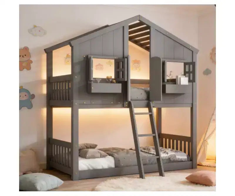 Twin over Twin House Bunk Bed for Kids with Roof, Safety Guardrails & Ladder