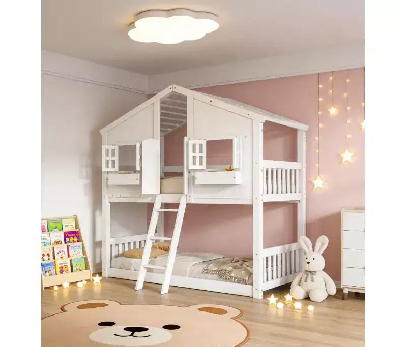 Twin over Twin House Bunk Bed for Kids with Roof, Safety Guardrails & Ladder