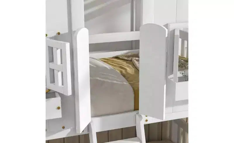 Twin over Twin House Bunk Bed for Kids with Roof, Safety Guardrails & Ladder