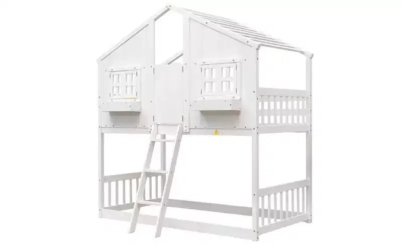 Twin over Twin House Bunk Bed for Kids with Roof, Safety Guardrails & Ladder