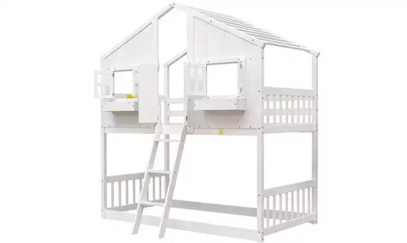 Twin over Twin House Bunk Bed for Kids with Roof, Safety Guardrails & Ladder