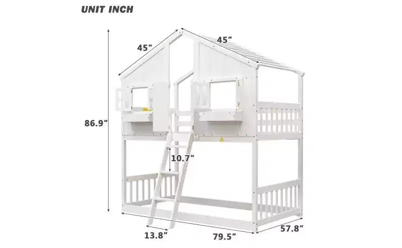 Twin over Twin House Bunk Bed for Kids with Roof, Safety Guardrails & Ladder