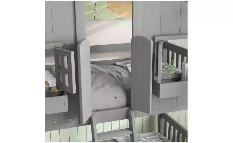 Twin over Twin House Bunk Bed for Kids with Roof, Safety Guardrails & Ladder