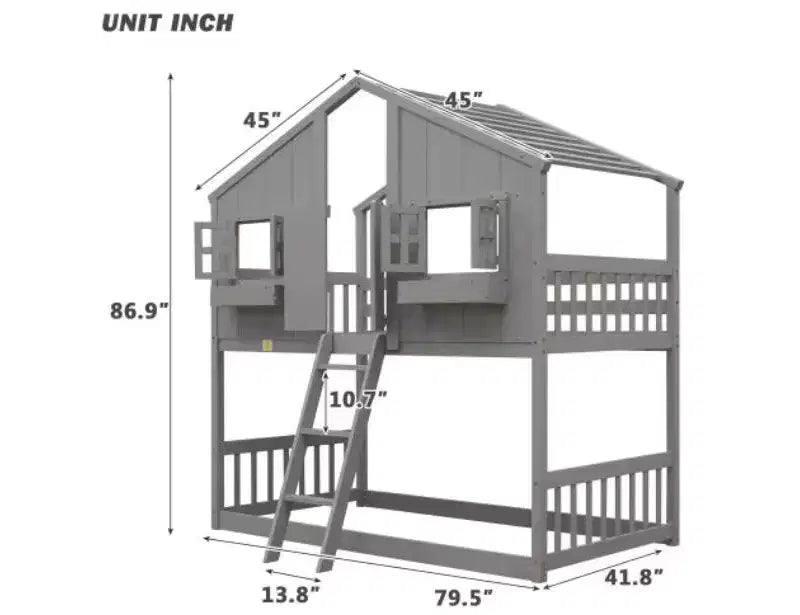 Twin over Twin House Bunk Bed for Kids with Roof, Safety Guardrails & Ladder