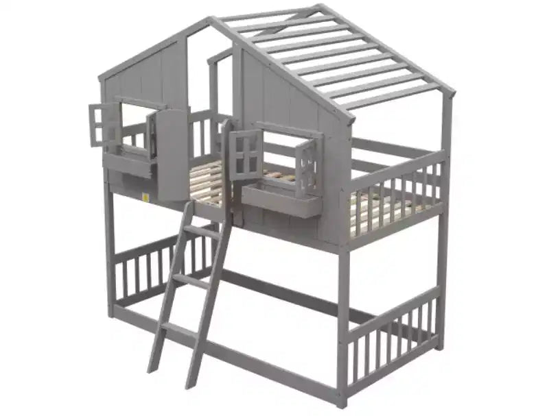 Twin over Twin House Bunk Bed for Kids with Roof, Safety Guardrails & Ladder