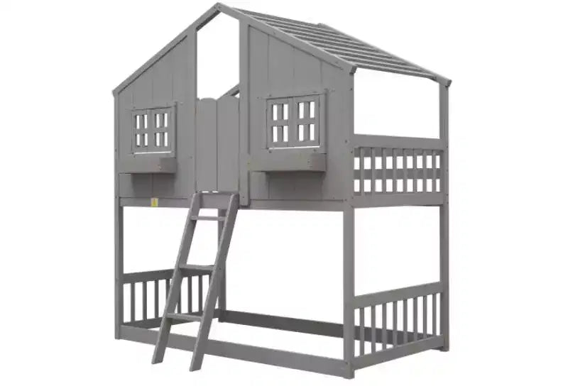 Twin over Twin House Bunk Bed for Kids with Roof, Safety Guardrails & Ladder