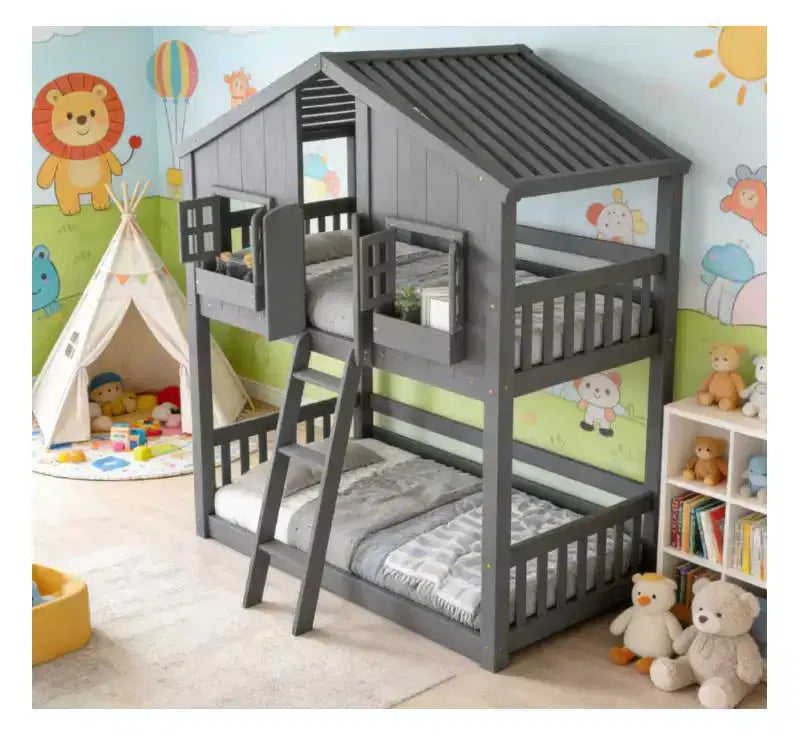 Bellemave Twin over Twin House Bunk Bed for Kids with RoofSafety Guardrails and LadderPine Bunk Bed with Window and DoorEasy Assembly
