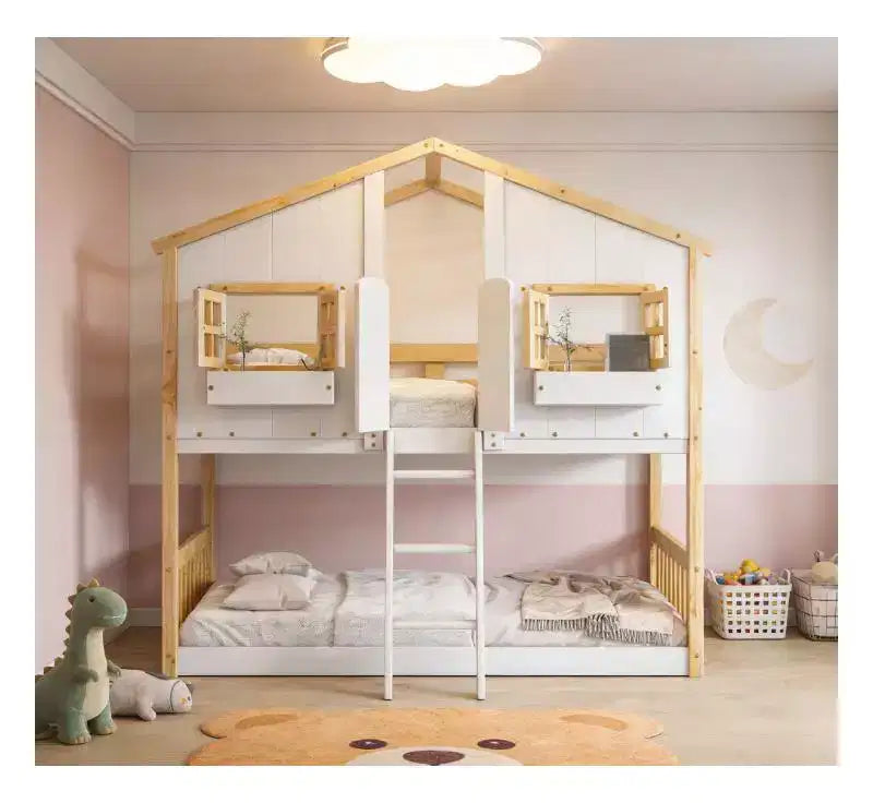 Twin over Twin House Bunk Bed for Kids with Roof, Safety Guardrails & Ladder