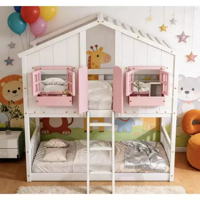Twin over Twin House Bunk Bed for Kids with Roof, Safety Guardrails & Ladder
