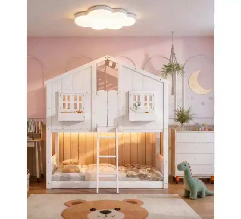 Twin over Twin House Bunk Bed for Kids with Roof, Safety Guardrails & Ladder