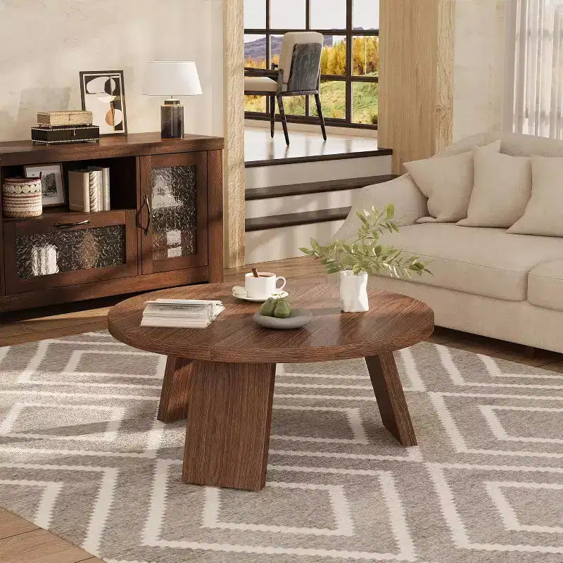 33.5 Round Coffee Table with Inclined Legs - Vintage Wood Grain Center Table for Living Room Bedroom