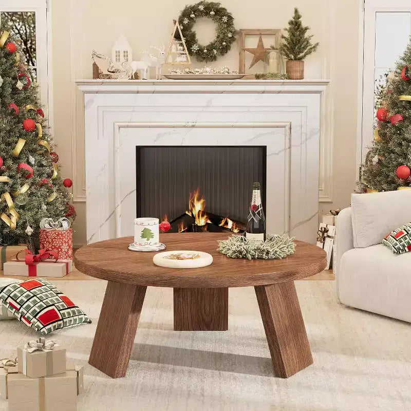33.5 Round Coffee Table with Inclined Legs - Vintage Wood Grain Center Table for Living Room Bedroom