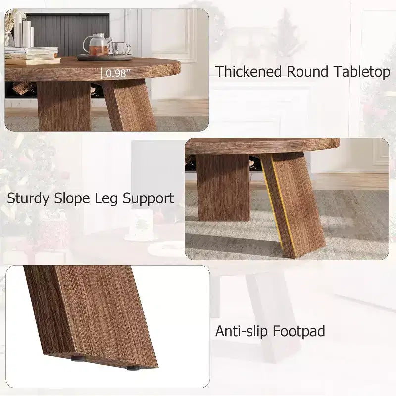 33.5 Round Coffee Table with Inclined Legs - Vintage Wood Grain Center Table for Living Room Bedroom