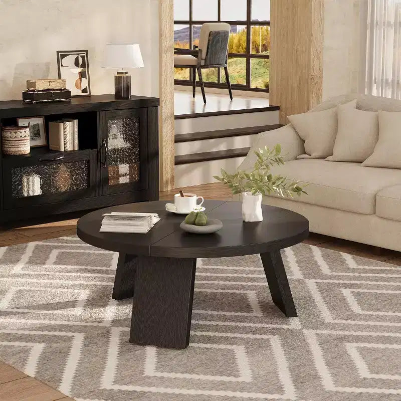 33.5 Round Coffee Table with Inclined Legs - Vintage Wood Grain Center Table for Living Room Bedroom