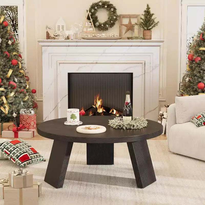 33.5 Round Coffee Table with Inclined Legs - Vintage Wood Grain Center Table for Living Room Bedroom