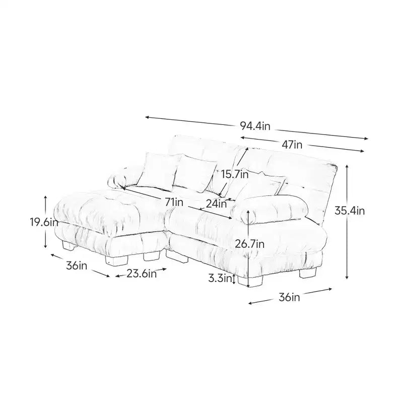 Sectional Sofa with 2 Seater, Lumbar & Throw Pillows, Upholstered Wide Arm for Living Room - Gray