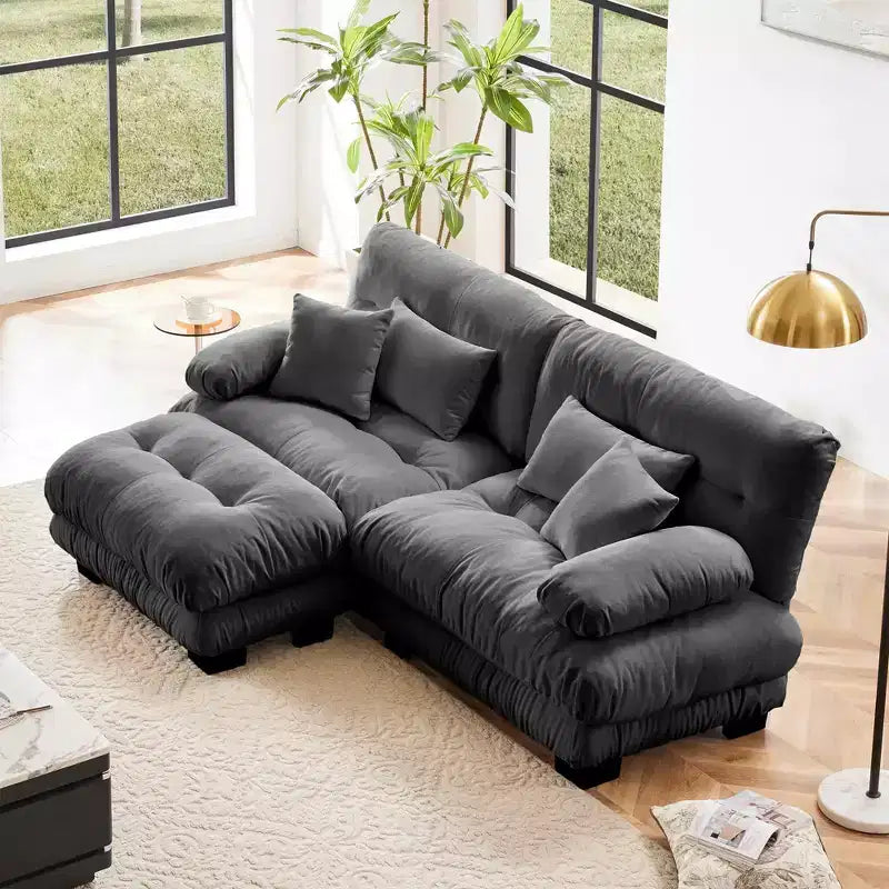 Sectional Sofa with 2 Seater, Lumbar & Throw Pillows, Upholstered Wide Arm for Living Room - Gray